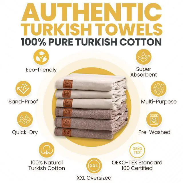 Alt view image 2 of 7 - Gold CASE LYCIA Turkish Beach Towel Set of 6 100% Cotton Turkish Beach Towels Bulk 70 x 38'' LYCIA Oversized, Quick Dry & Sand Free Beach Towel Lightweight Towels Set in Mocha Mousse