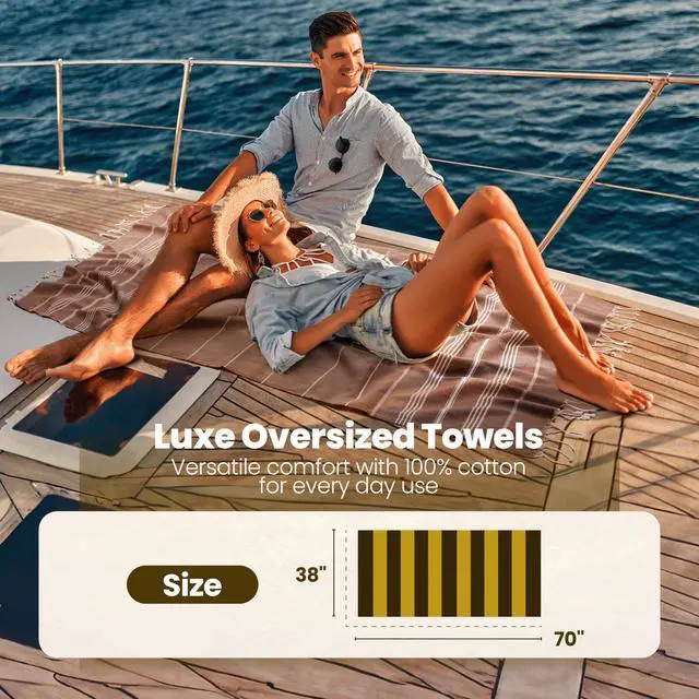 Alt view image 6 of 7 - Gold CASE LYCIA Turkish Beach Towel Set of 6 100% Cotton Turkish Beach Towels Bulk 70 x 38'' LYCIA Oversized, Quick Dry & Sand Free Beach Towel Lightweight Towels Set in Mocha Mousse