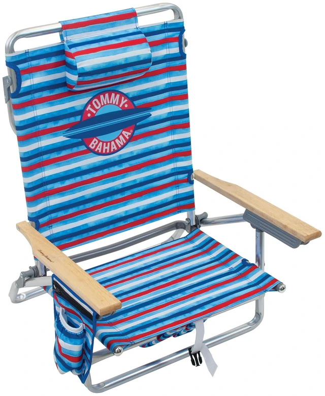 Main image of 5-Position Lay Flat Beach Chair, Red/White/Blue Stripe | 8.5 in Seat Height, Pillow, Backpack Straps, Cup Holder, Storage Pouch, Insulated Cooler