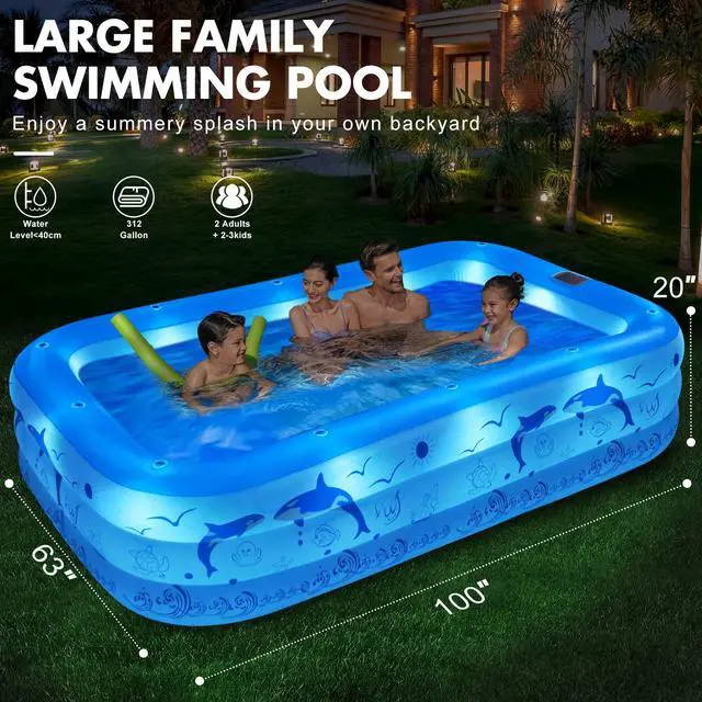 Alt view image 3 of 7 - StarOcean 2026 Upgrade Inflatable Pool with Lights, Family Inflatable Swimming Pool for Kids,Adults,Blow Up Pool Solar Powered,Large Kiddie Pool,100"x63"x20"Oversized Thickened Pool for Backyard-Blue