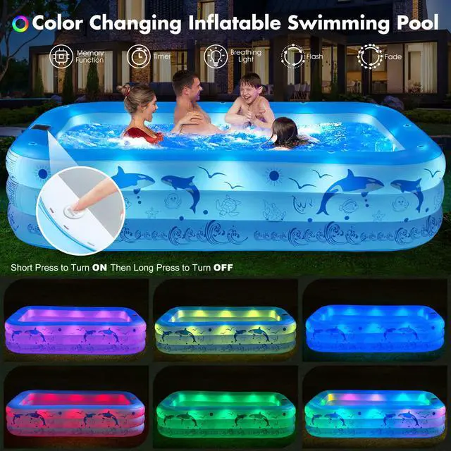 Alt view image 4 of 7 - StarOcean 2026 Upgrade Inflatable Pool with Lights, Family Inflatable Swimming Pool for Kids,Adults,Blow Up Pool Solar Powered,Large Kiddie Pool,100"x63"x20"Oversized Thickened Pool for Backyard-Blue