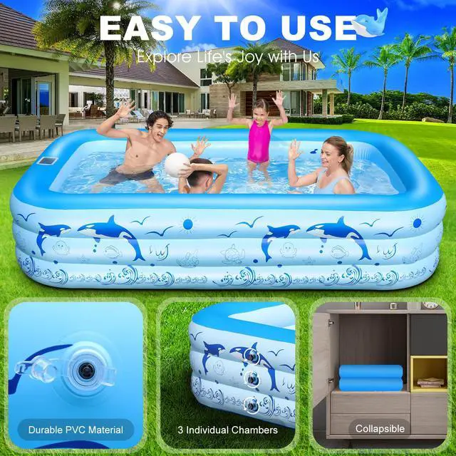 Alt view image 6 of 7 - StarOcean 2026 Upgrade Inflatable Pool with Lights, Family Inflatable Swimming Pool for Kids,Adults,Blow Up Pool Solar Powered,Large Kiddie Pool,100"x63"x20"Oversized Thickened Pool for Backyard-Blue
