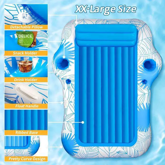 Alt view image 2 of 7 - Inflatable Pool Lounger Float for Adults - 70" x 60" JIANYHW X-Large Beach Sun Tan Tub Pool Lounge Raft Sunbathing Pool Floaties with 2 Food/Drink Holder, Blow Up Tanning Pool Bed Floating Mat