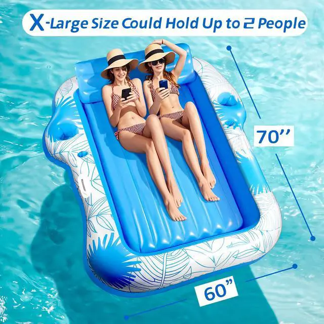 Alt view image 3 of 7 - Inflatable Pool Lounger Float for Adults - 70" x 60" JIANYHW X-Large Beach Sun Tan Tub Pool Lounge Raft Sunbathing Pool Floaties with 2 Food/Drink Holder, Blow Up Tanning Pool Bed Floating Mat