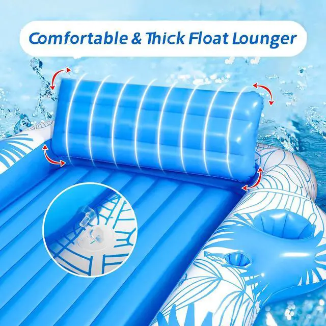 Alt view image 4 of 7 - Inflatable Pool Lounger Float for Adults - 70" x 60" JIANYHW X-Large Beach Sun Tan Tub Pool Lounge Raft Sunbathing Pool Floaties with 2 Food/Drink Holder, Blow Up Tanning Pool Bed Floating Mat