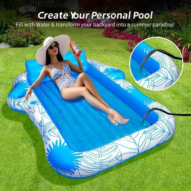Alt view image 5 of 7 - Inflatable Pool Lounger Float for Adults - 70" x 60" JIANYHW X-Large Beach Sun Tan Tub Pool Lounge Raft Sunbathing Pool Floaties with 2 Food/Drink Holder, Blow Up Tanning Pool Bed Floating Mat