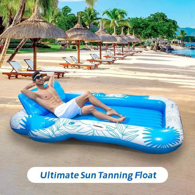 Alt view image 6 of 7 - Inflatable Pool Lounger Float for Adults - 70" x 60" JIANYHW X-Large Beach Sun Tan Tub Pool Lounge Raft Sunbathing Pool Floaties with 2 Food/Drink Holder, Blow Up Tanning Pool Bed Floating Mat