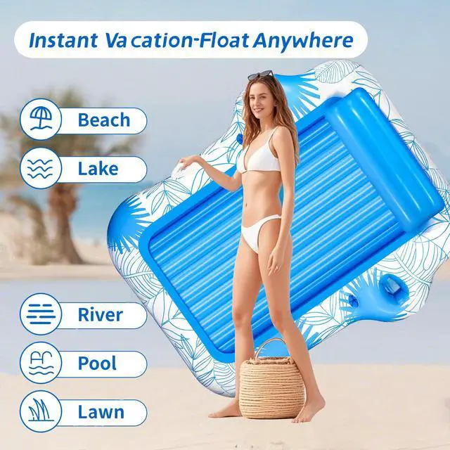 Alt view image 7 of 7 - Inflatable Pool Lounger Float for Adults - 70" x 60" JIANYHW X-Large Beach Sun Tan Tub Pool Lounge Raft Sunbathing Pool Floaties with 2 Food/Drink Holder, Blow Up Tanning Pool Bed Floating Mat