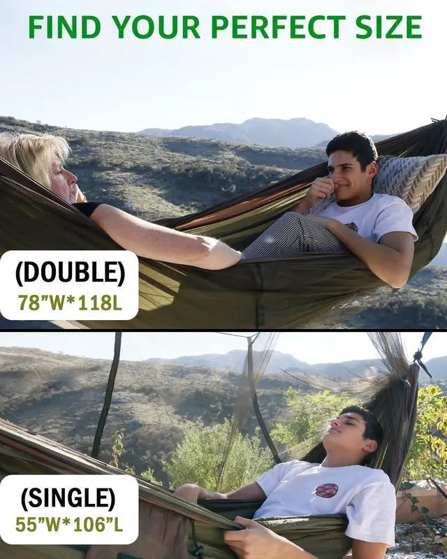 Alt view image 3 of 7 - Sunyear Camping Hammock, Portable Single & Double Hammock with Net, 2 Person Hammock Tent with 2 * 10ft Straps, Best for Outdoor Hiking Survival Travel