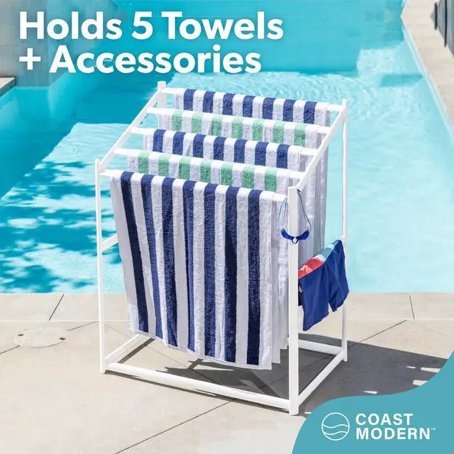 Alt view image 2 of 6 - GoSports Towel Rack for Pool & Hot Tub Accessories - 5-Tier Modern Design - Free-Standing PVC Towel Storage & Drying Stand