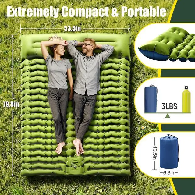Alt view image 2 of 7 - Yuzonc Double Sleeping Pad - Self Inflating 4" Extra-Thick for 2 Person with Pillow Built-in Foot Pump Inflatable Sleeping Mat for Backpacking, Hiking, Traveling, Tent, Portable Camping Mat