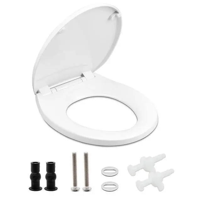 Alt view image 2 of 6 - Toilet seat Round with Slow Close Hinges, Four Bumpers, Two Sets of Parts, White Toilet seat Round, Slow Close, Never Loosen and Easily Remove, Plastic, White