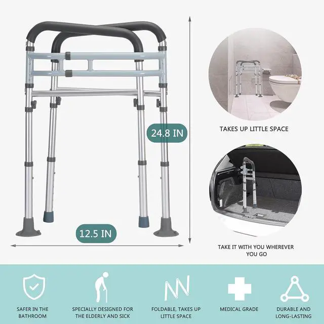 Alt view image 4 of 6 - Lianjindun Toilet Safety Rails, Adjustable Toilet Frame for Elderly, Seniors, Handicap & Disabled, Foldable Handicap Toilet Handles Fit Any Toilets (Gray)