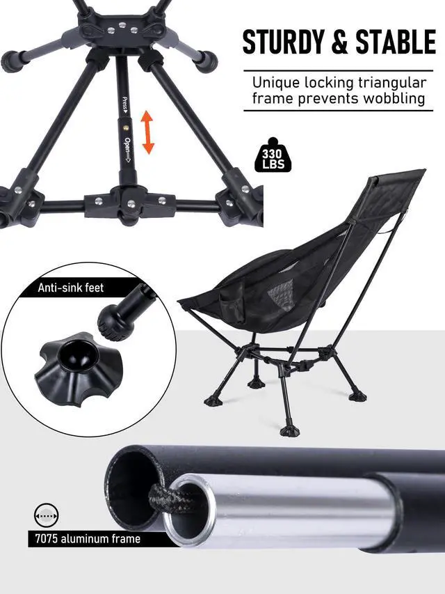 Alt view image 7 of 7 - WildCall Lightweight Folding High Back Camping Chair with Head Support, Compact Beach Chair with Anti-Sinking Large Feet and Three Tilt Angles Adjustment