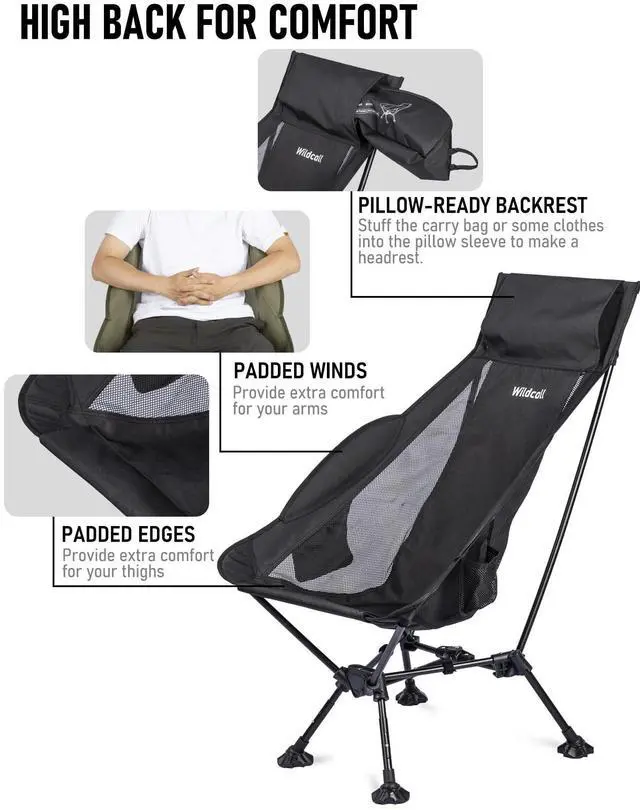 Alt view image 4 of 7 - WildCall Lightweight Folding High Back Camping Chair with Head Support, Compact Beach Chair with Anti-Sinking Large Feet and Three Tilt Angles Adjustment