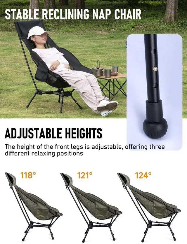 Alt view image 2 of 7 - WildCall Lightweight Folding High Back Camping Chair with Head Support, Compact Beach Chair with Anti-Sinking Large Feet and Three Tilt Angles Adjustment