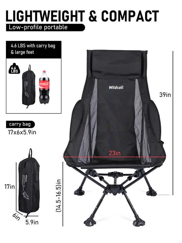 Alt view image 6 of 7 - WildCall Lightweight Folding High Back Camping Chair with Head Support, Compact Beach Chair with Anti-Sinking Large Feet and Three Tilt Angles Adjustment