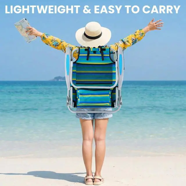 Alt view image 6 of 7 - Canpsky Portable Beach Chair for Adults, Outdoor Lightweight Camping Chair Lay Flat Folding Backpack Beach Reclining Chair with 5 Positions, Headrest, Zipper Pouch, Cup Holder, NEW Striped