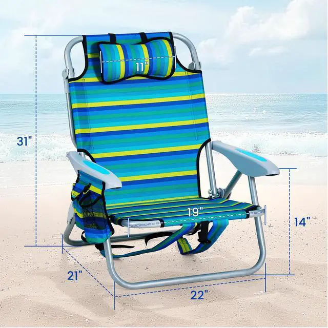 Alt view image 2 of 7 - Canpsky Portable Beach Chair for Adults, Outdoor Lightweight Camping Chair Lay Flat Folding Backpack Beach Reclining Chair with 5 Positions, Headrest, Zipper Pouch, Cup Holder, NEW Striped