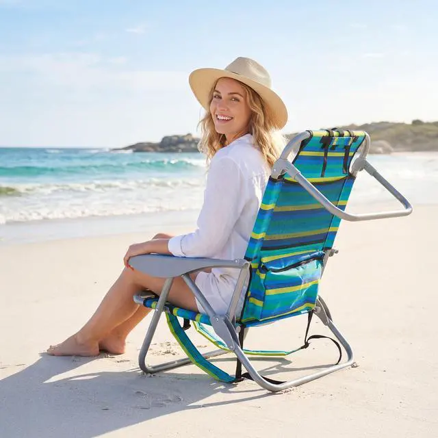 Alt view image 4 of 7 - Canpsky Portable Beach Chair for Adults, Outdoor Lightweight Camping Chair Lay Flat Folding Backpack Beach Reclining Chair with 5 Positions, Headrest, Zipper Pouch, Cup Holder, NEW Striped