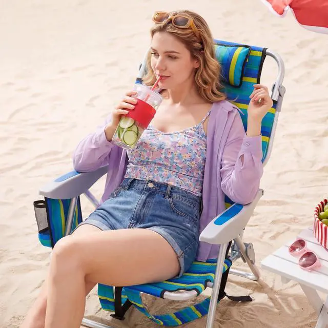 Alt view image 3 of 7 - Canpsky Portable Beach Chair for Adults, Outdoor Lightweight Camping Chair Lay Flat Folding Backpack Beach Reclining Chair with 5 Positions, Headrest, Zipper Pouch, Cup Holder, NEW Striped