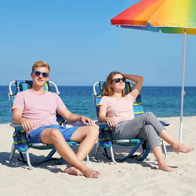 Alt view image 5 of 7 - Canpsky Portable Beach Chair for Adults, Outdoor Lightweight Camping Chair Lay Flat Folding Backpack Beach Reclining Chair with 5 Positions, Headrest, Zipper Pouch, Cup Holder, NEW Striped