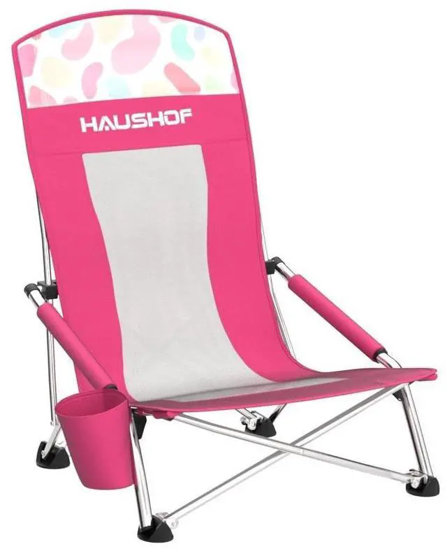 Alt view image 4 of 7 - HAUSHOF High Back Beach Chair, Mesh Back Folding Chair, Lightweight Low Seat Camping Chairs with Cup Holder, Carry Bag, Padded Armrest for Outdoor Beach Lawn Camping Picnic Festival