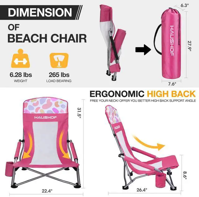 Alt view image 6 of 7 - HAUSHOF High Back Beach Chair, Mesh Back Folding Chair, Lightweight Low Seat Camping Chairs with Cup Holder, Carry Bag, Padded Armrest for Outdoor Beach Lawn Camping Picnic Festival