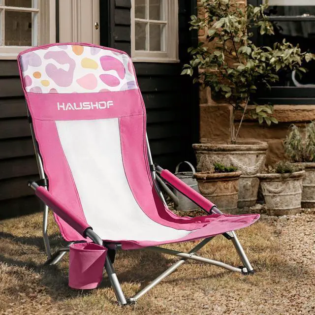 Alt view image 7 of 7 - HAUSHOF High Back Beach Chair, Mesh Back Folding Chair, Lightweight Low Seat Camping Chairs with Cup Holder, Carry Bag, Padded Armrest for Outdoor Beach Lawn Camping Picnic Festival