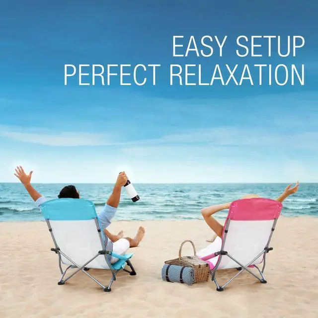 Alt view image 2 of 7 - HAUSHOF High Back Beach Chair, Mesh Back Folding Chair, Lightweight Low Seat Camping Chairs with Cup Holder, Carry Bag, Padded Armrest for Outdoor Beach Lawn Camping Picnic Festival