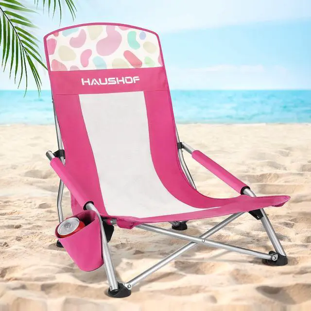 Main image of HAUSHOF High Back Beach Chair, Mesh Back Folding Chair, Lightweight Low Seat Camping Chairs with Cup Holder, Carry Bag, Padded Armrest for Outdoor Beach Lawn Camping Picnic Festival