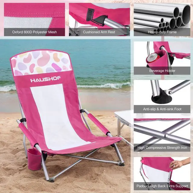 Alt view image 5 of 7 - HAUSHOF High Back Beach Chair, Mesh Back Folding Chair, Lightweight Low Seat Camping Chairs with Cup Holder, Carry Bag, Padded Armrest for Outdoor Beach Lawn Camping Picnic Festival