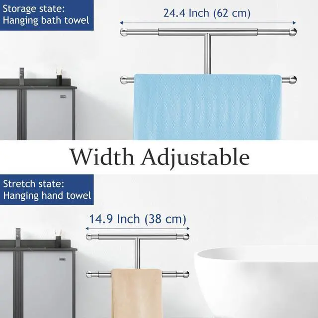Alt view image 4 of 7 - Kayfia 40" Standing Towel Rack with Weighted Marble Base, Width Adjustable & Taller Bathroom Towel Rack Stand, 2-Tier Towel Racks for Bathroom, Multiple Spaces Stainless Steel Brushed Finish