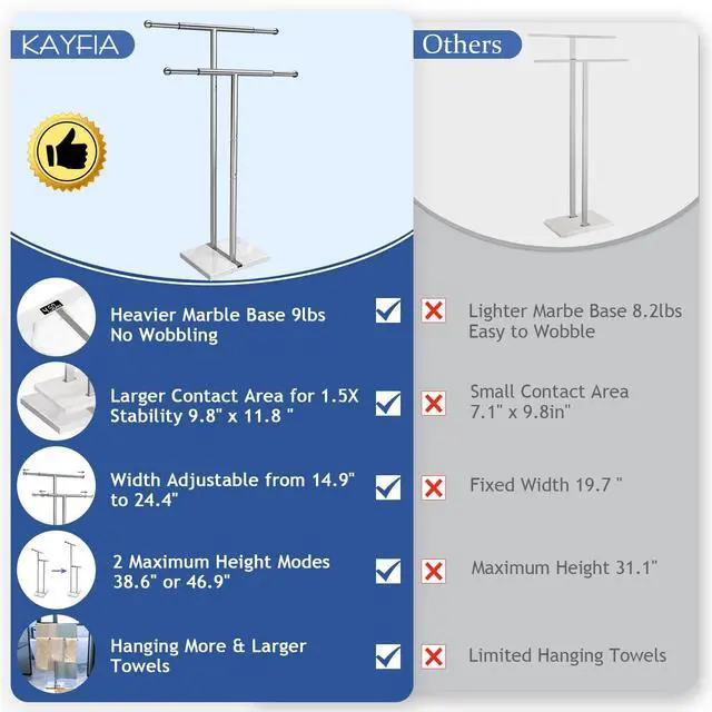Alt view image 5 of 7 - Kayfia 40" Standing Towel Rack with Weighted Marble Base, Width Adjustable & Taller Bathroom Towel Rack Stand, 2-Tier Towel Racks for Bathroom, Multiple Spaces Stainless Steel Brushed Finish