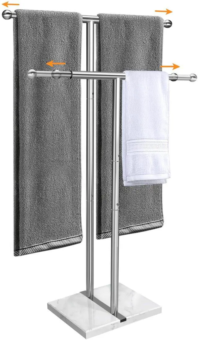 Main image of Kayfia 40" Standing Towel Rack with Weighted Marble Base, Width Adjustable & Taller Bathroom Towel Rack Stand, 2-Tier Towel Racks for Bathroom, Multiple Spaces Stainless Steel Brushed Finish