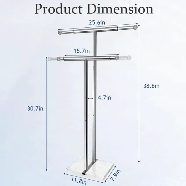 Alt view image 7 of 7 - Kayfia 40" Standing Towel Rack with Weighted Marble Base, Width Adjustable & Taller Bathroom Towel Rack Stand, 2-Tier Towel Racks for Bathroom, Multiple Spaces Stainless Steel Brushed Finish