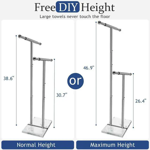 Alt view image 2 of 7 - Kayfia 40" Standing Towel Rack with Weighted Marble Base, Width Adjustable & Taller Bathroom Towel Rack Stand, 2-Tier Towel Racks for Bathroom, Multiple Spaces Stainless Steel Brushed Finish