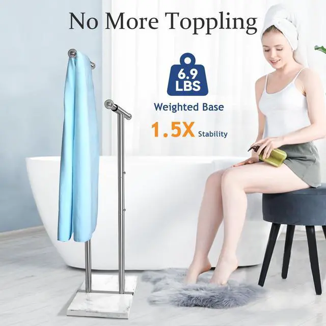 Alt view image 3 of 7 - Kayfia 40" Standing Towel Rack with Weighted Marble Base, Width Adjustable & Taller Bathroom Towel Rack Stand, 2-Tier Towel Racks for Bathroom, Multiple Spaces Stainless Steel Brushed Finish