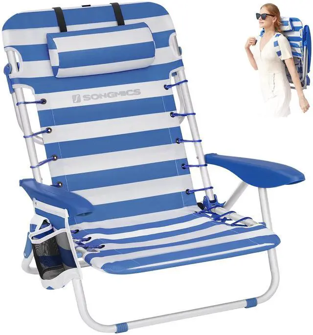 Main image of SONGMICS Portable Backpack Beach Chair, 331 lb Capacity, 4 Angles Adjustable Backrest, 2 Side Pockets, Towel Bar, Blue and White UGCB62BU