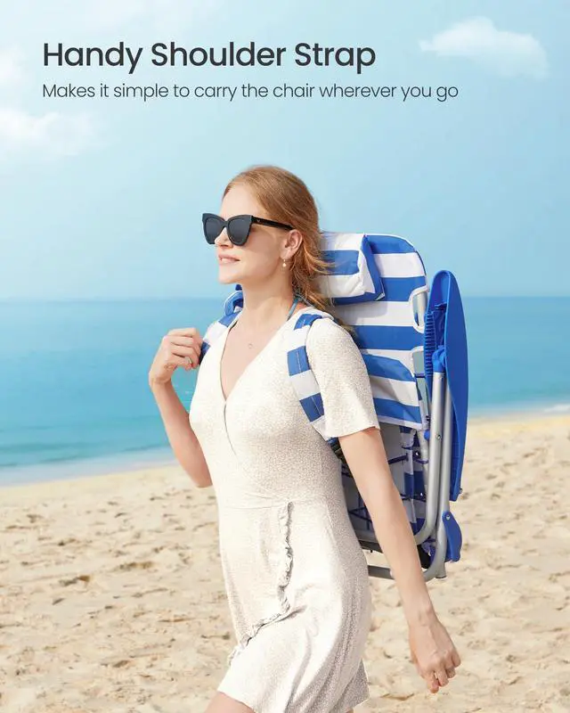 Alt view image 3 of 7 - SONGMICS Portable Backpack Beach Chair, 331 lb Capacity, 4 Angles Adjustable Backrest, 2 Side Pockets, Towel Bar, Blue and White UGCB62BU