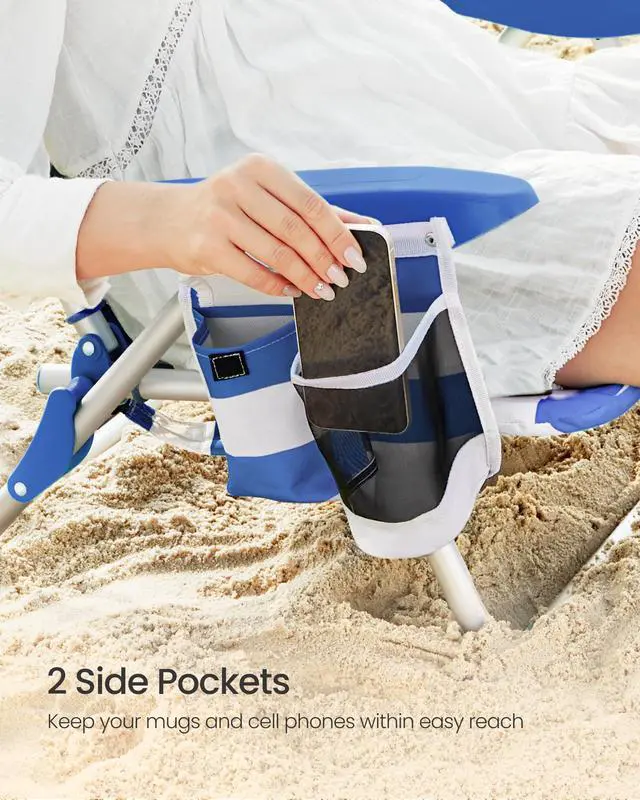 Alt view image 5 of 7 - SONGMICS Portable Backpack Beach Chair, 331 lb Capacity, 4 Angles Adjustable Backrest, 2 Side Pockets, Towel Bar, Blue and White UGCB62BU