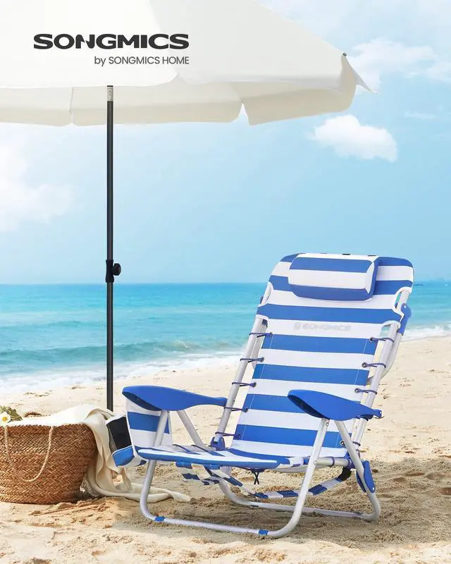 Alt view image 6 of 7 - SONGMICS Portable Backpack Beach Chair, 331 lb Capacity, 4 Angles Adjustable Backrest, 2 Side Pockets, Towel Bar, Blue and White UGCB62BU
