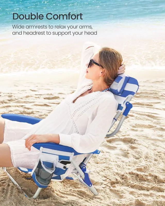 Alt view image 7 of 7 - SONGMICS Portable Backpack Beach Chair, 331 lb Capacity, 4 Angles Adjustable Backrest, 2 Side Pockets, Towel Bar, Blue and White UGCB62BU