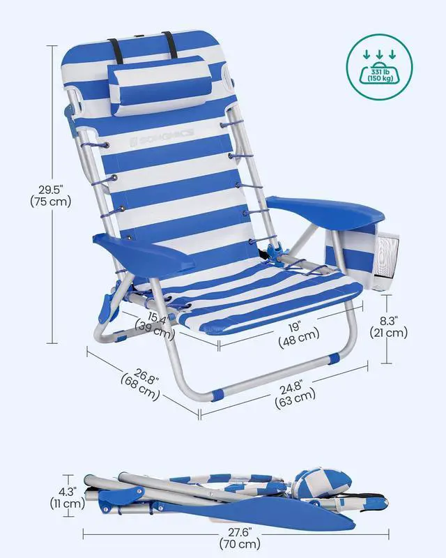 Alt view image 4 of 7 - SONGMICS Portable Backpack Beach Chair, 331 lb Capacity, 4 Angles Adjustable Backrest, 2 Side Pockets, Towel Bar, Blue and White UGCB62BU