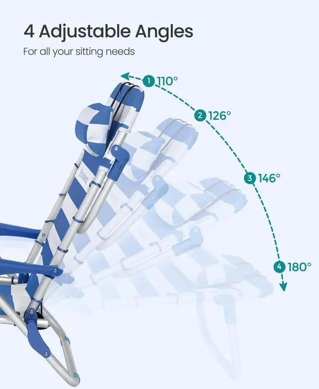 Alt view image 2 of 7 - SONGMICS Portable Backpack Beach Chair, 331 lb Capacity, 4 Angles Adjustable Backrest, 2 Side Pockets, Towel Bar, Blue and White UGCB62BU