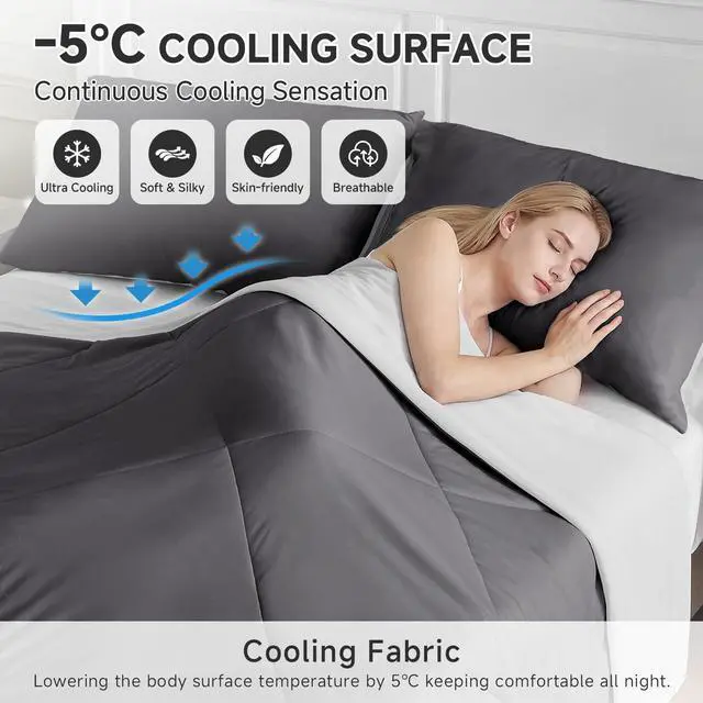 Alt view image 2 of 7 - HOMFINE Cooling Comforter Japanese Double-Sided Cold Tech Fabric Cooling Blanket for Night Sweats Hot Sleepers, Q-Max 0.45 Soft Breathable Silky Smooth Lightweight Grey Summer Comforter Queen