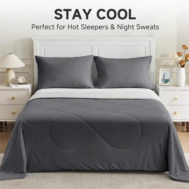 Alt view image 5 of 7 - HOMFINE Cooling Comforter Japanese Double-Sided Cold Tech Fabric Cooling Blanket for Night Sweats Hot Sleepers, Q-Max 0.45 Soft Breathable Silky Smooth Lightweight Grey Summer Comforter Queen