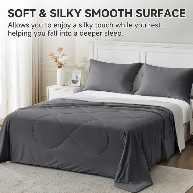 Alt view image 4 of 7 - HOMFINE Cooling Comforter Japanese Double-Sided Cold Tech Fabric Cooling Blanket for Night Sweats Hot Sleepers, Q-Max 0.45 Soft Breathable Silky Smooth Lightweight Grey Summer Comforter Queen