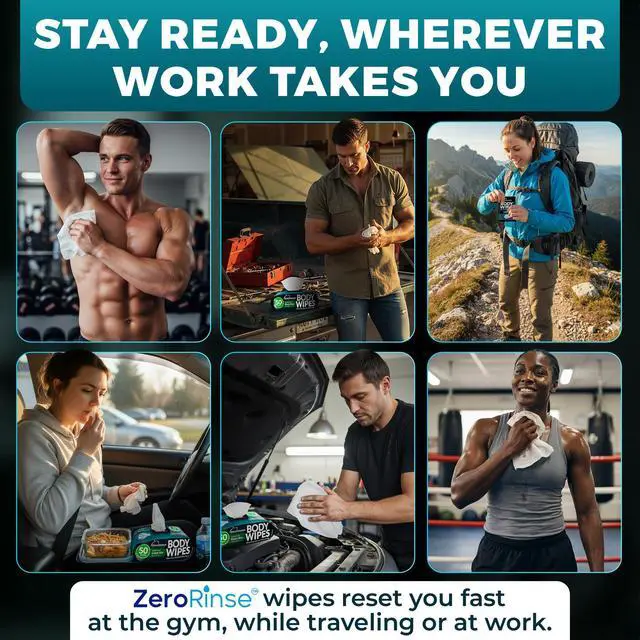 Alt view image 2 of 6 - After Gym Body Wipes for Men (4pk) - 200 XL No Rinse Shower Wipes + 16 Travel Bath Sheets 10 x 11.5" - Mens Deodorant Disposable Washcloths for Bathing, Camping Essentials, Survival Gear and Supplies