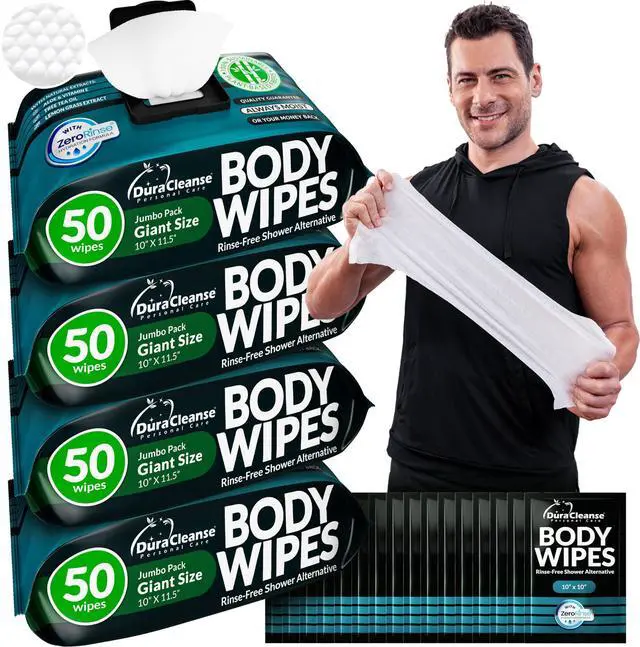 Main image of After Gym Body Wipes for Men (4pk) - 200 XL No Rinse Shower Wipes + 16 Travel Bath Sheets 10 x 11.5" - Mens Deodorant Disposable Washcloths for Bathing, Camping Essentials, Survival Gear and Supplies